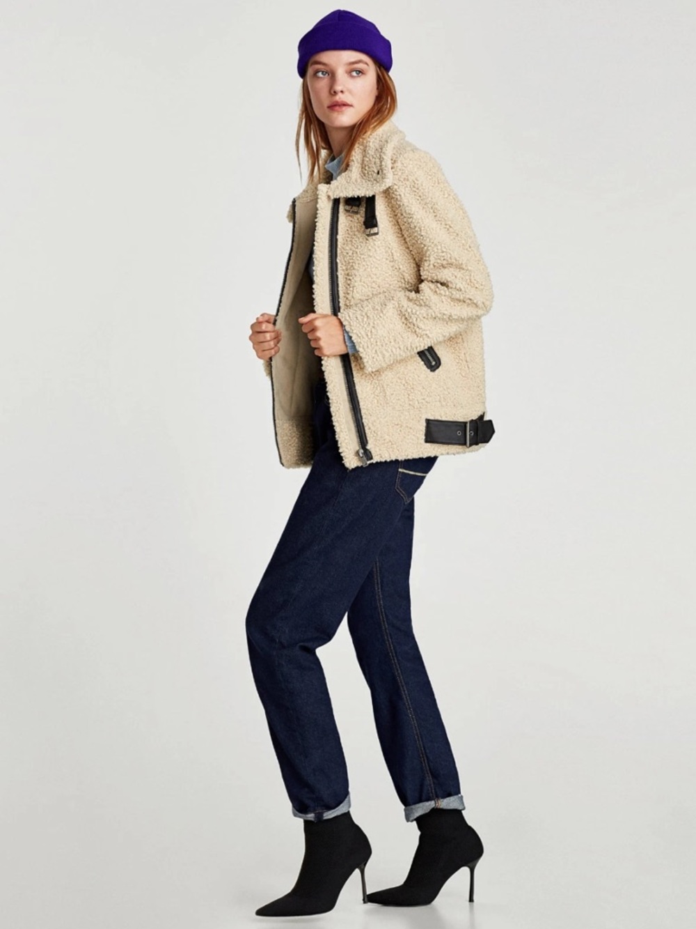 ZARA Shearling Faux Fur Teddy Aviator Moto Jacket Coat High Collar LIKE NEW - Picture 3 of 16